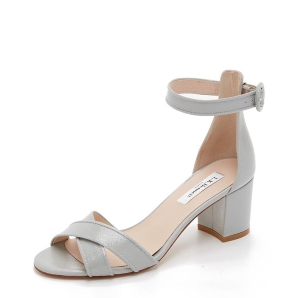 L.K. Bennett Sandal Aniki Grey Saffiano Patent Leather Block Heel Peep Toe